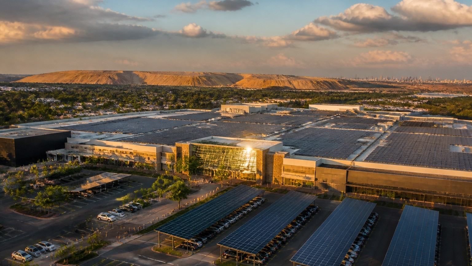Aerial view of a solar-clad retail mall with photovoltaic carport canopies in the Witwatersrand belt